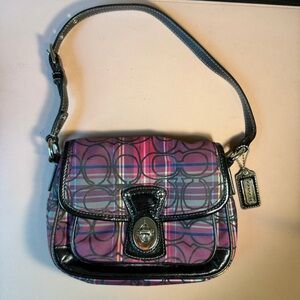 Coach Plaid Signature Turnlock Shoulder Bag Pink Purple Black Small Purse